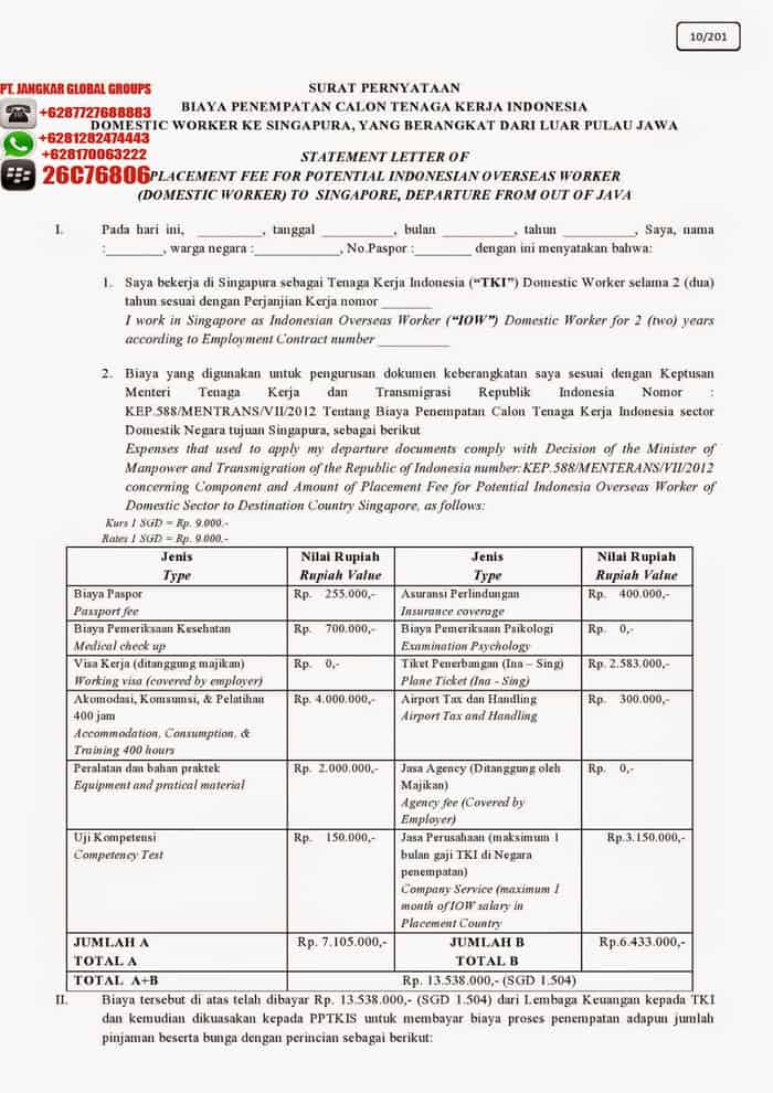 cost structure penempatan tki singapore