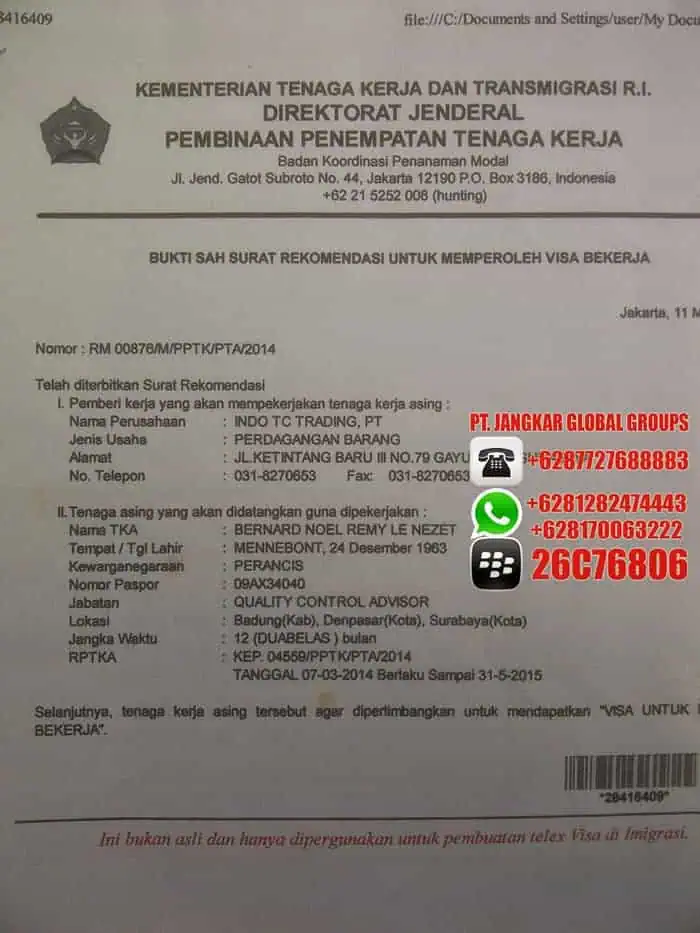 rekomendasi visa tka tenaga kerja asing