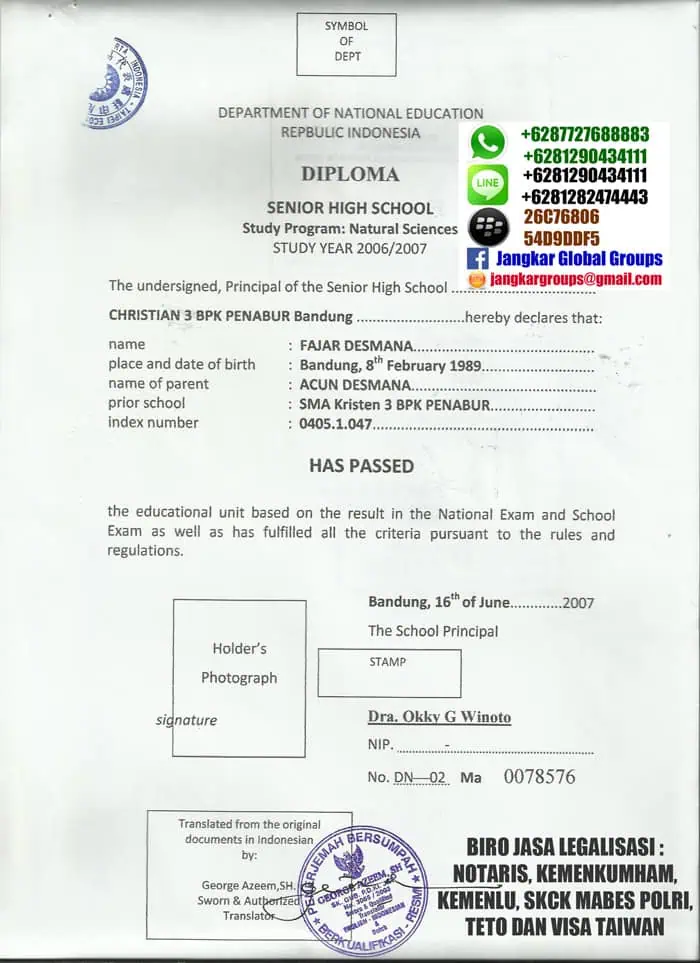 translate-diploma | VISA UNTUK TENAGA AHLI DI TAIWAN