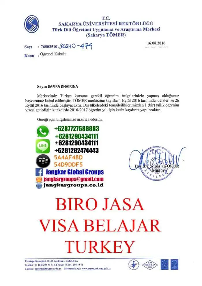 letter-of-acceptance-sakarya-turkey,VISA BELAJAR BAHASA KE TURKI