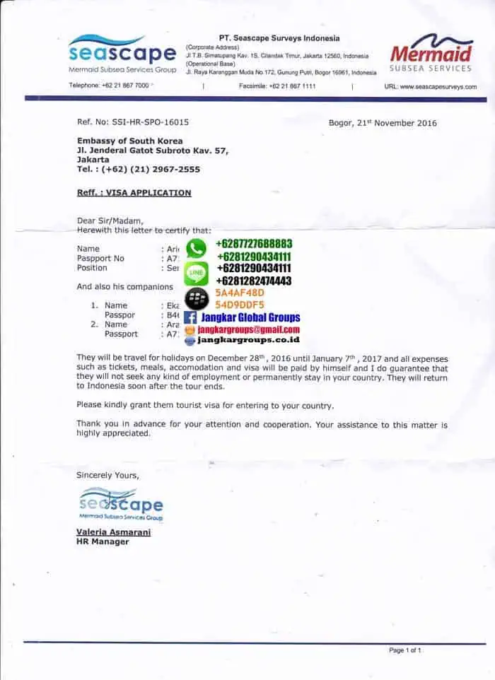 Surat dari kantor persyaratan visa turis korea