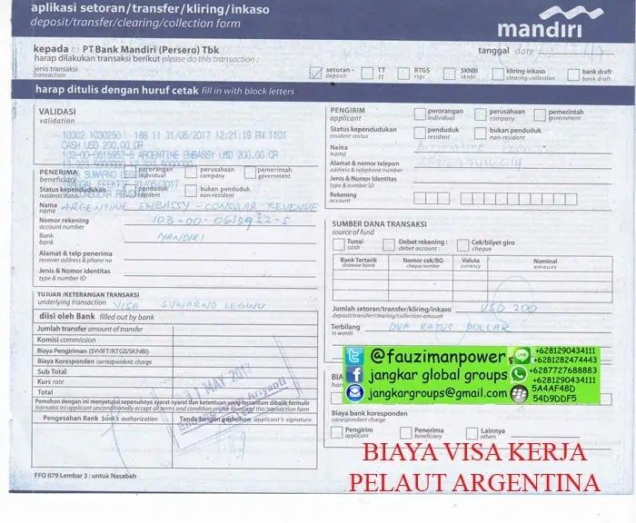 biaya visa kerja argentina pelaut