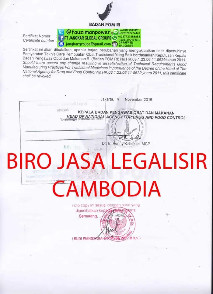 legalisir sertifikat bpom embassy cambodia