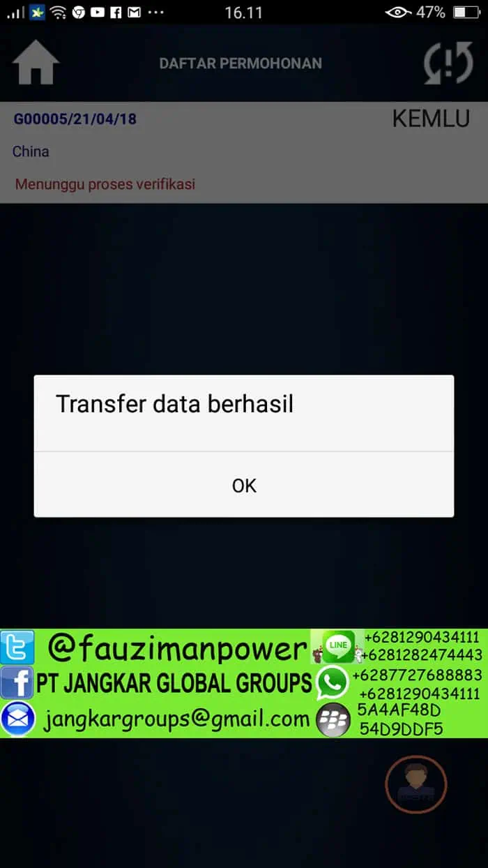 transfer data berhasil