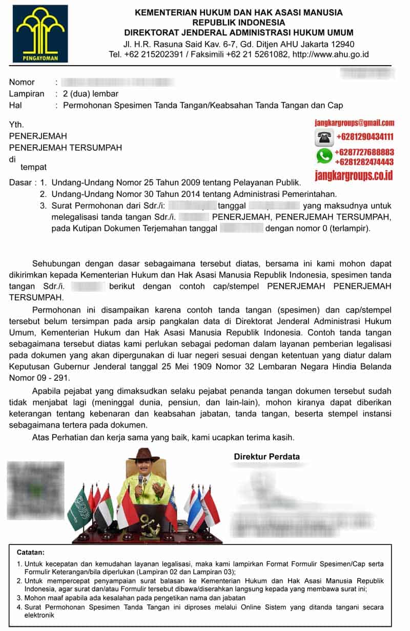 Surat Pengantar Spesimen Tanda Tangan AHU | Specimen Tanda Tangan