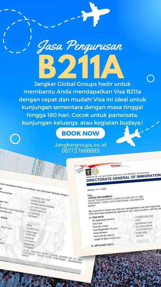 Jangkar Global Groups hadir untuk membantu Anda mendapatkan Visa B211a dengan cepat dan mudah! Visa ini ideal untuk kunjungan sementara dengan masa tinggal hingga 180 hari. Cocok untuk pariwisata, kunjungan keluarga, atau kegiatan budaya.